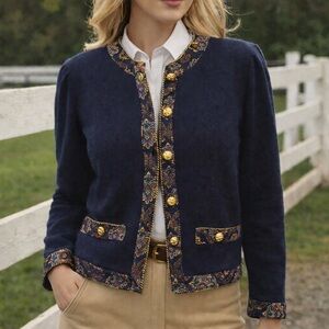 Vintage 90s Navy Knit Cardigan Paisley Trim Gold Buttons Preppy Women’s 11/12